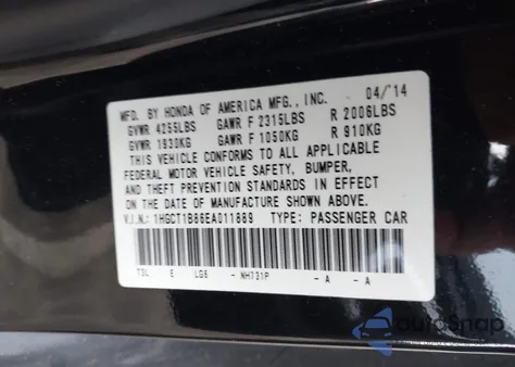 2014 Honda Accord Ex-L z USA, uszkodzony, nr VIN 1HGCT1B86EA011889